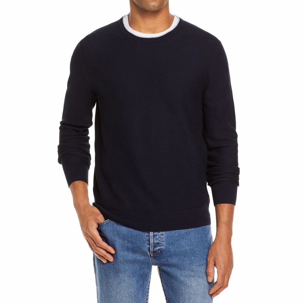 Bloomingdale's Sweater Men Crewneck Long Sleeve Tipped Textured Cotton True Navy